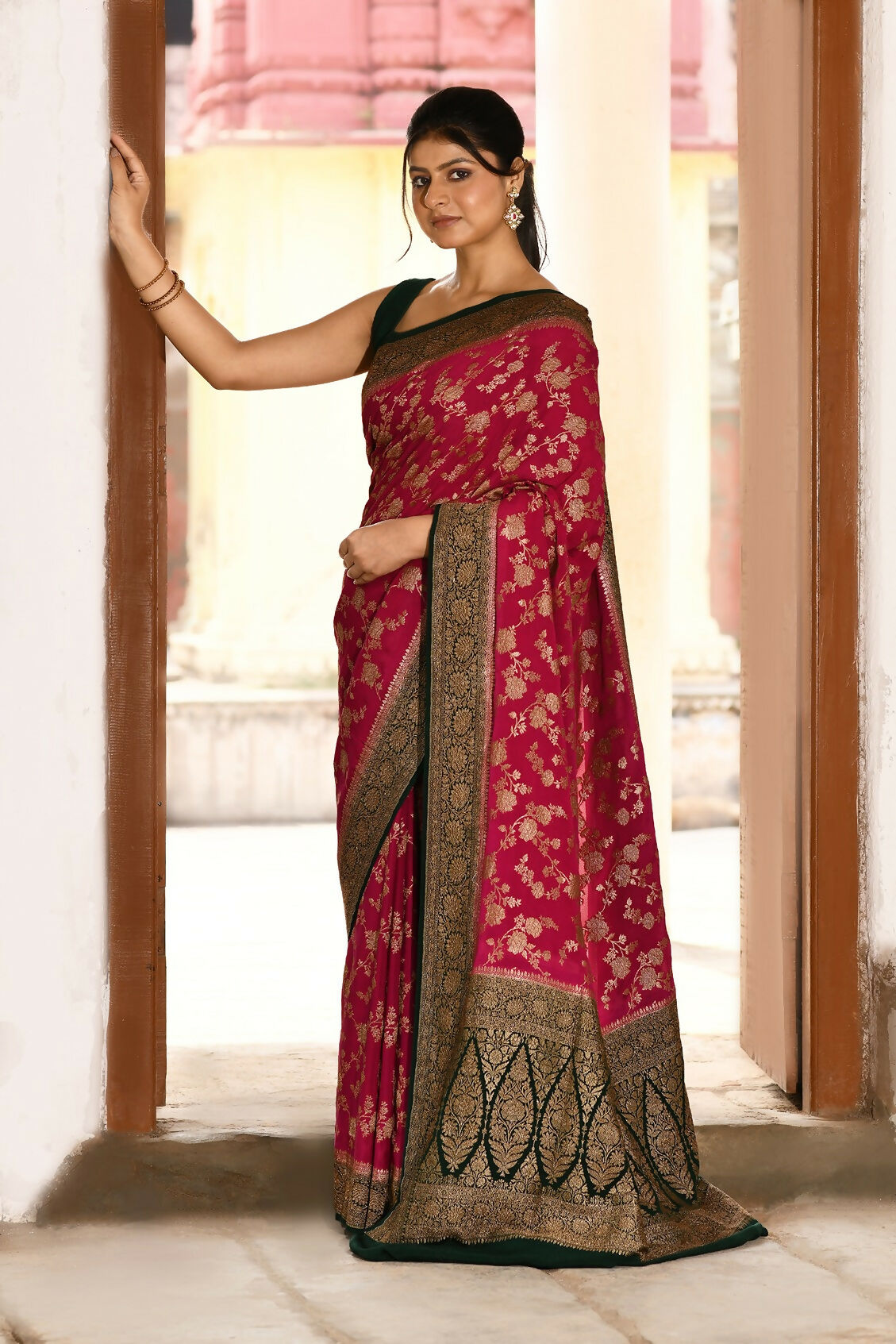 Hot Pink Handloom Banarasi Silk Saree in Crepe Chiffon