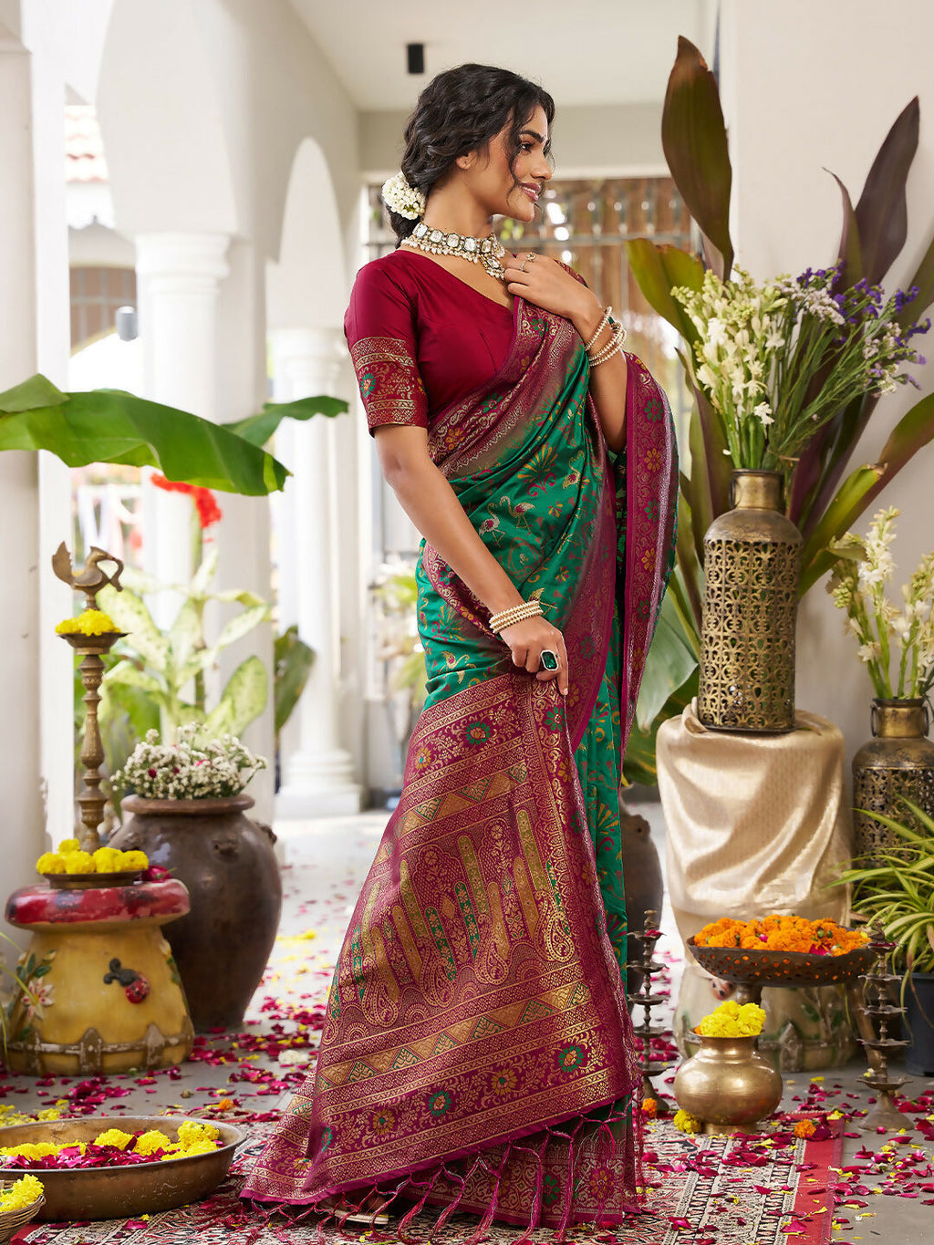 Green Soft Silk Saree with Contrast Maroon Blouse Piece