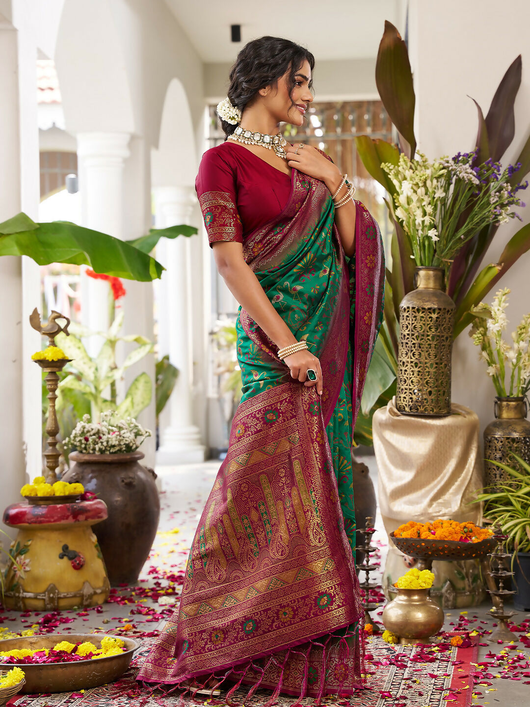 Green Soft Silk Saree with Contrast Maroon Blouse Piece