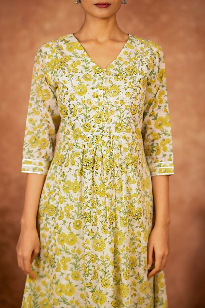 Yellow Hand Block Printed Cotton Suit Set for Women