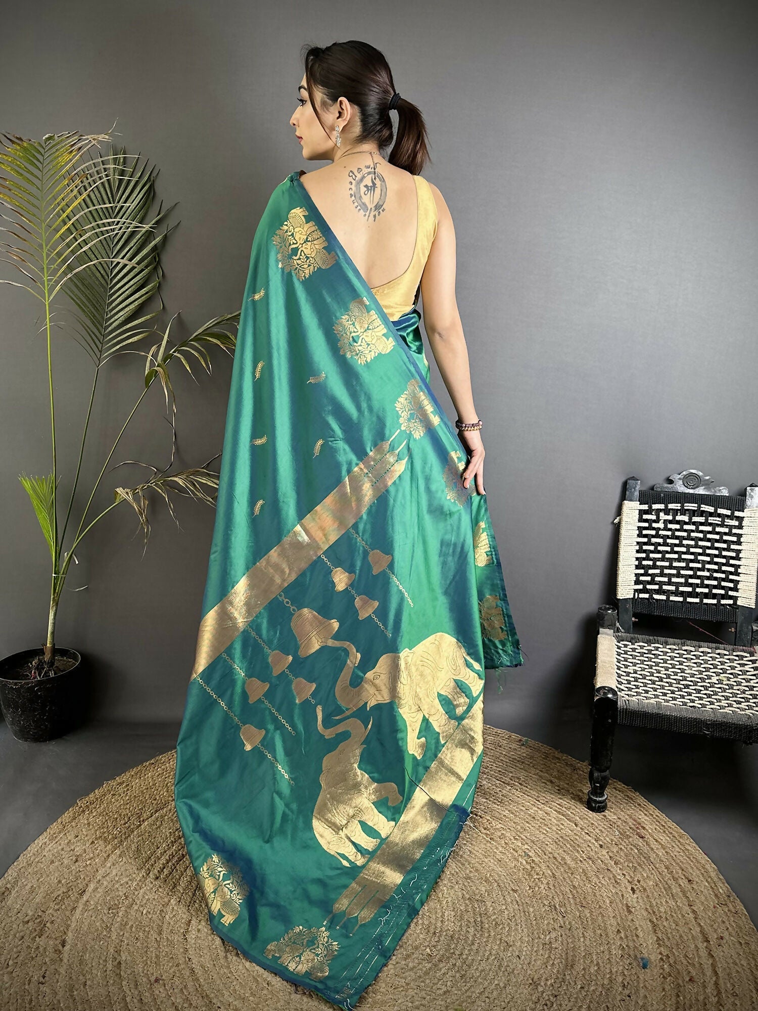 Dark Teal Soft Silk Banarasi Saree with Zari Weaving and Motifs