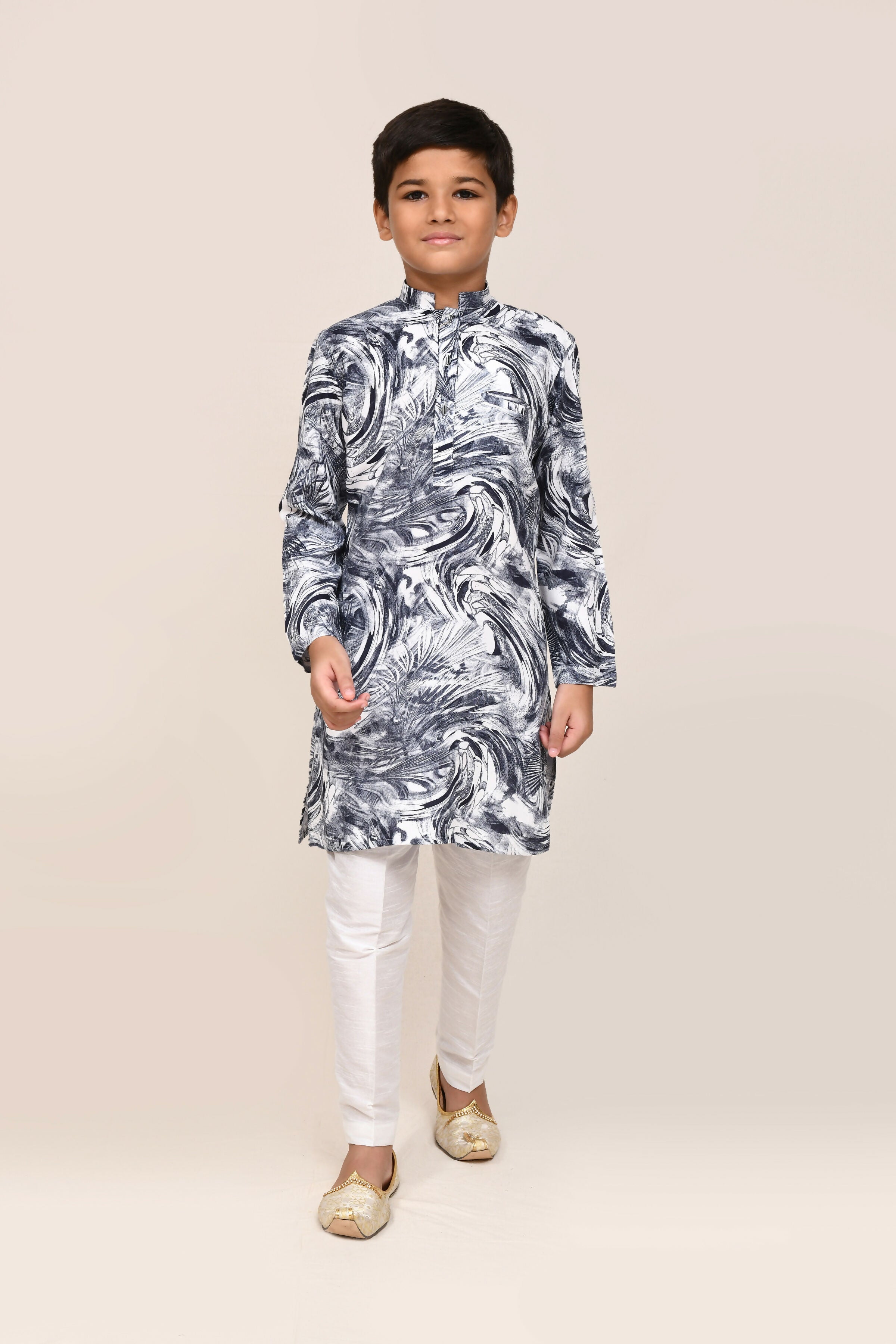 Digital Print Grey Kurta Set with Straight Fit Pants