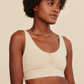 Model wearing a comfortable Beige Wilderness Front-Closure Bralette made from soft cotton modal fabric.