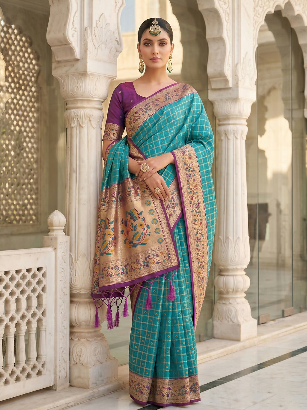 Turquoise Banarasi Silk Blend Saree draped gracefully with matching blouse piece
