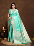 Seegreen Banarasi Litchi Silk Saree with golden Jacquard Zari work and Zalar pallu