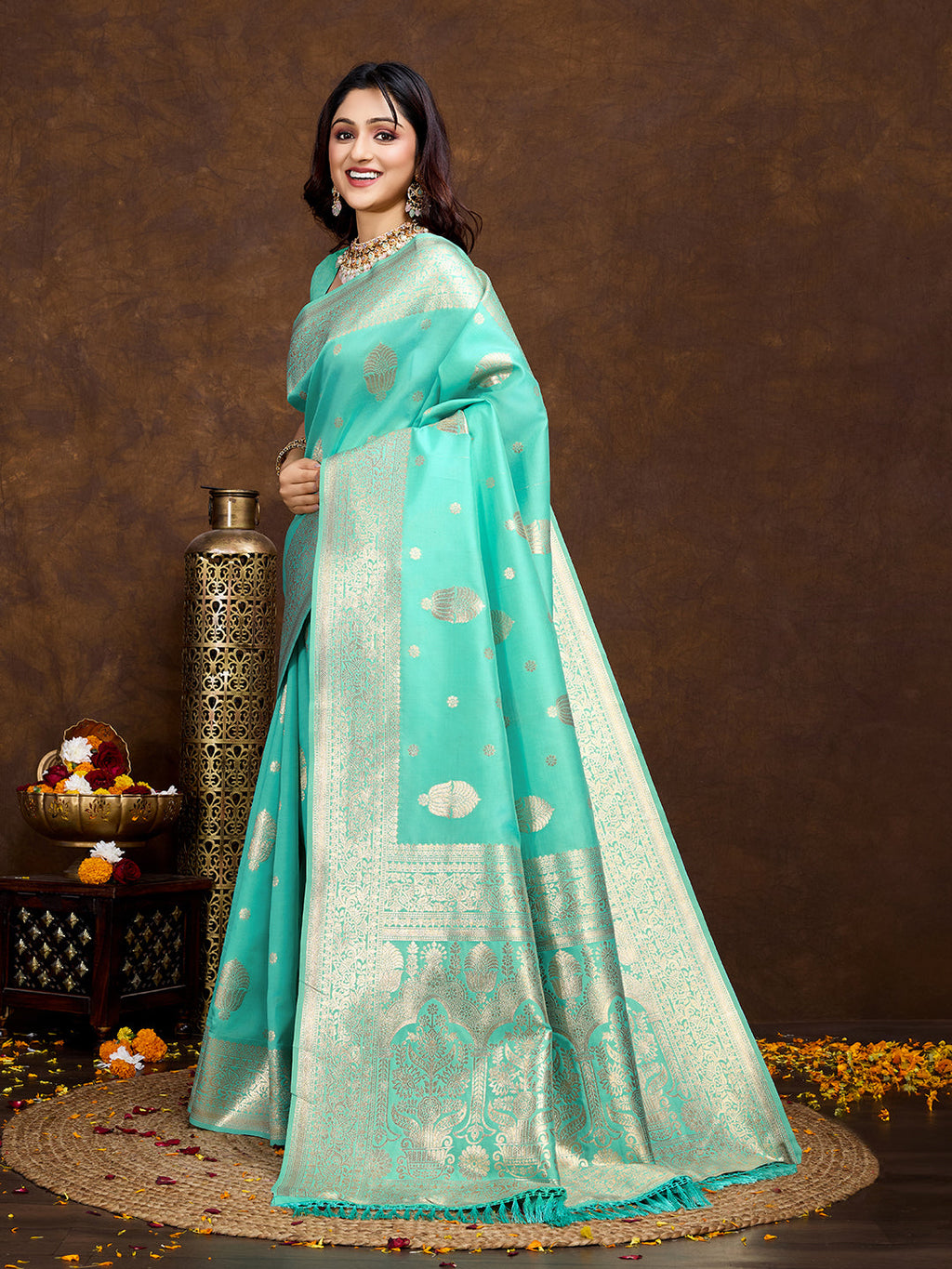 Banarasi Litchi Silk Saree in Seegreen with Golden Zari Weave