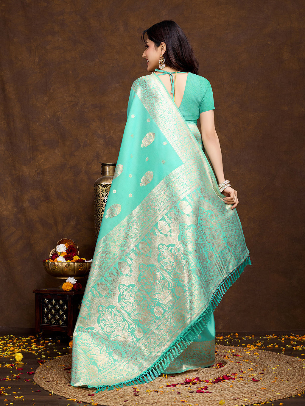 Banarasi Litchi Silk Saree in Seegreen with Golden Zari Weave