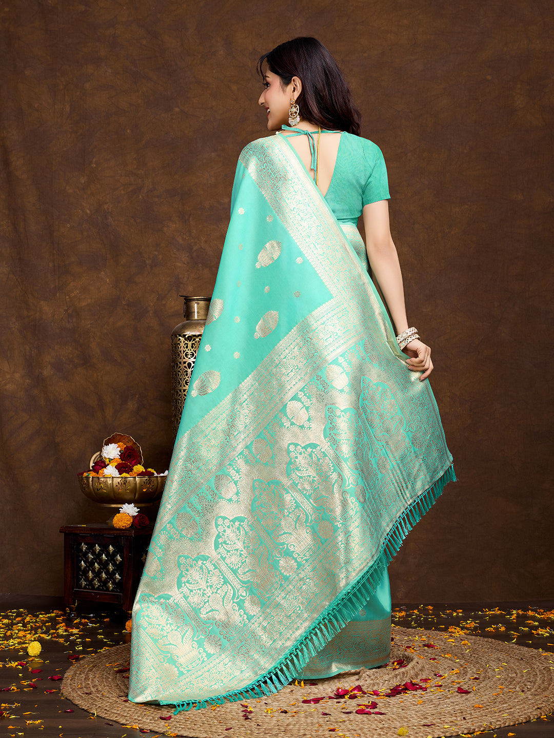 Banarasi Litchi Silk Saree in Seegreen with Golden Zari Weave
