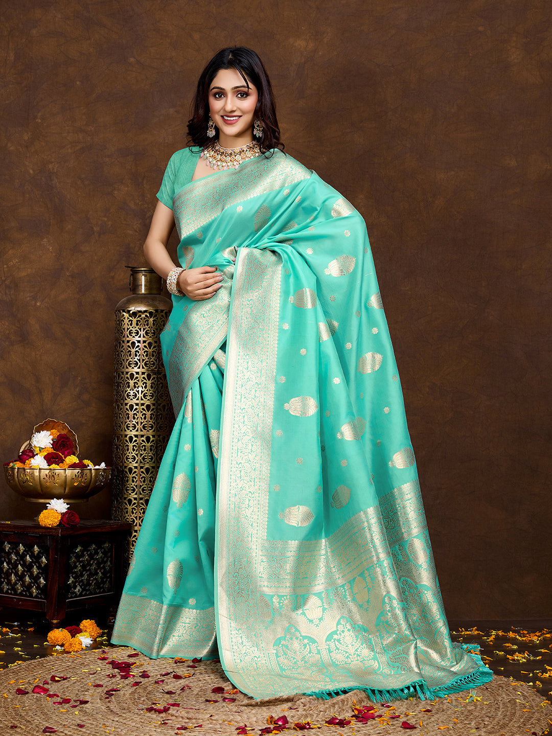 Banarasi Litchi Silk Saree in Seegreen with Golden Zari Weave