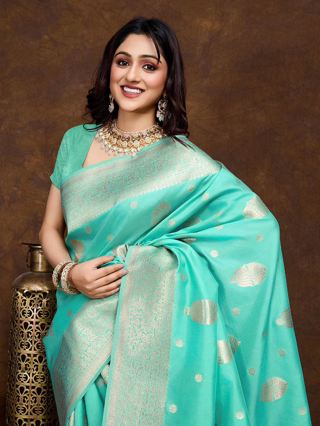 Banarasi Litchi Silk Saree in Seegreen with Golden Zari Weave