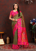 Mahendi olive green and fuchsia pink Paithani silk saree with rich gold Zari Meenakari border