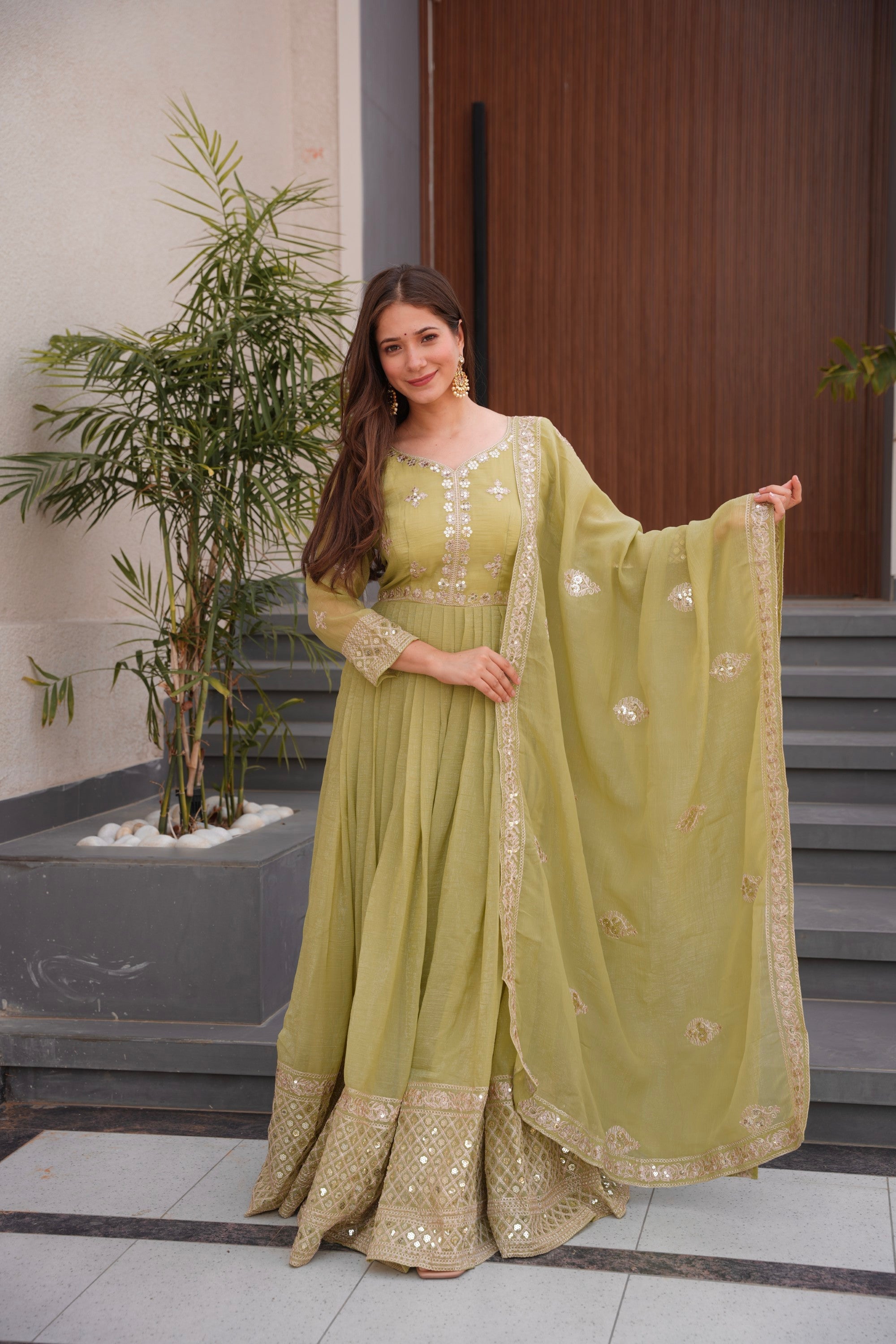 Mehendi Crunchy Silk Anarkali Gown with Embroidery & Sequins