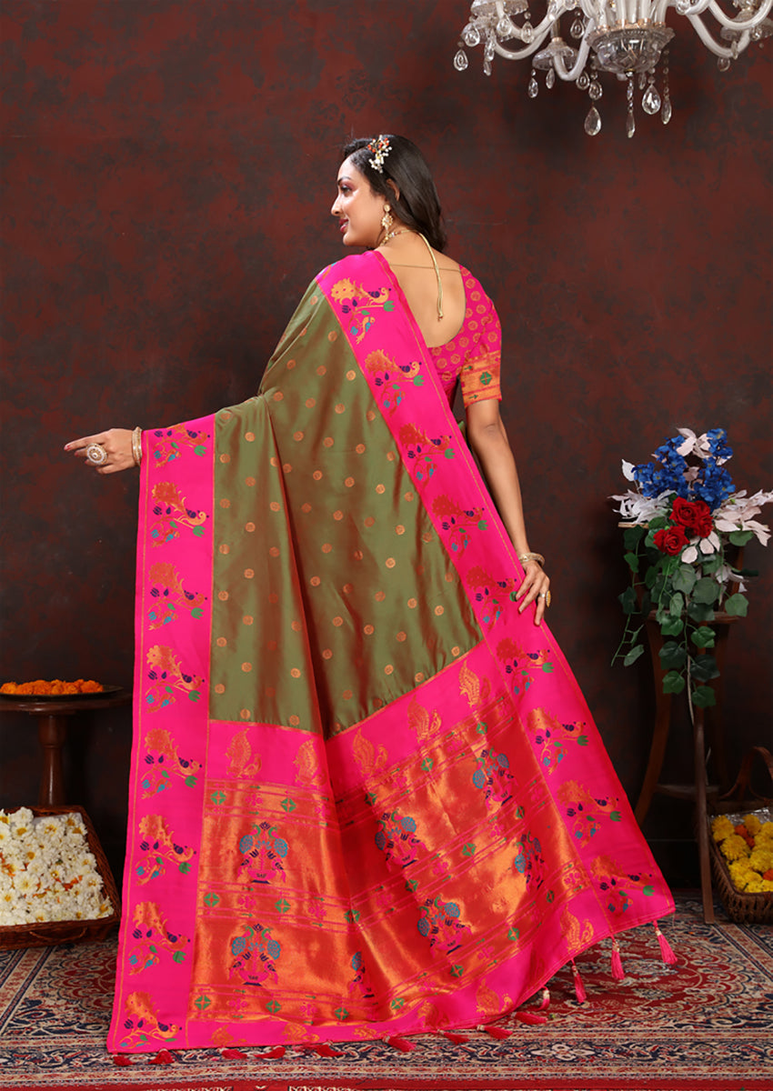 Mahendi Olive Green & Fuchsia Pink Paithani Silk Woven Saree