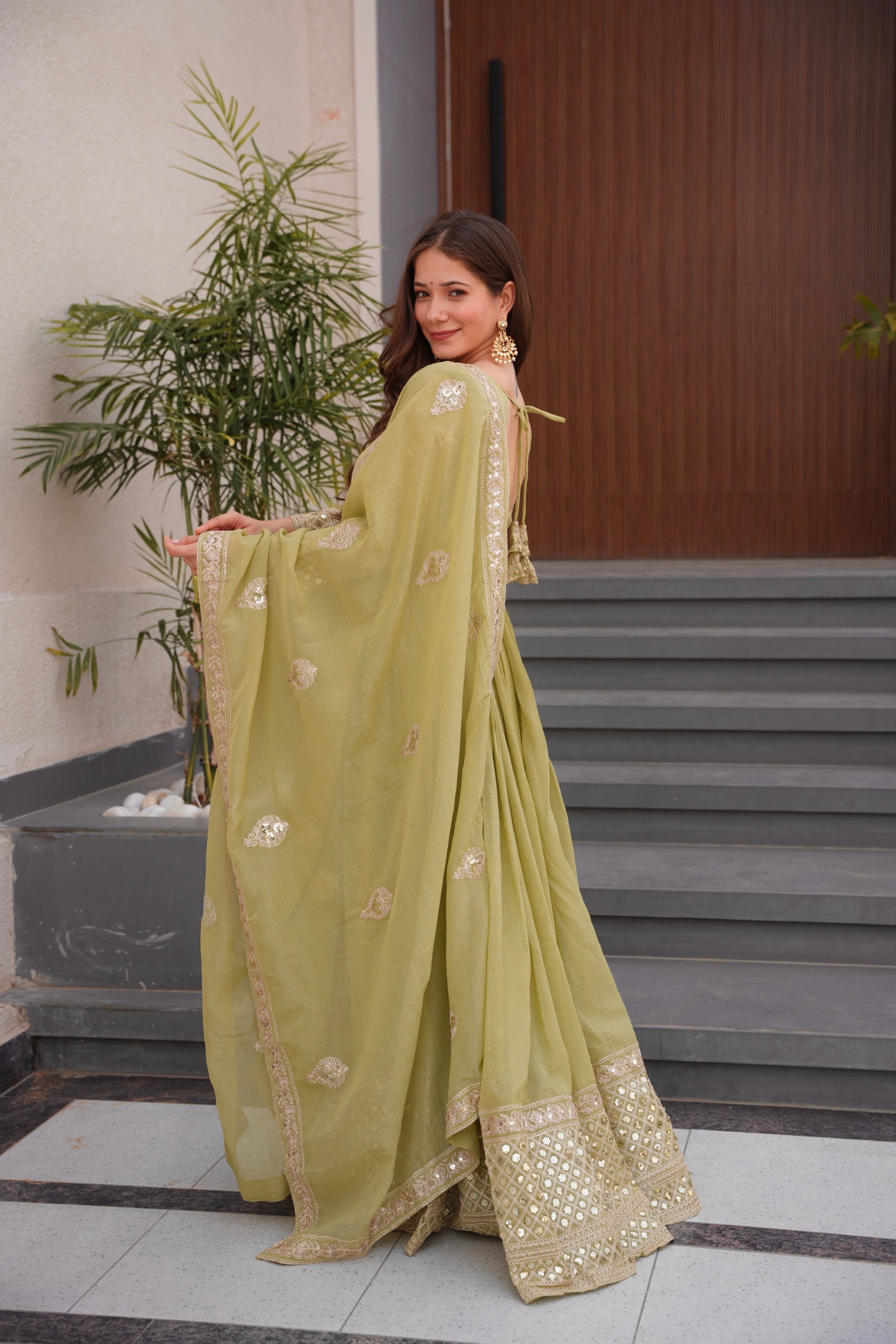 Mehendi Crunchy Silk Anarkali Gown with Embroidery & Sequins