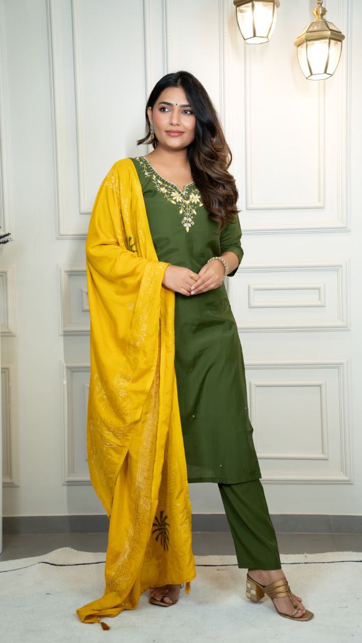 Mahendi Roman Silk Hand Work Kurta Pant Set with Dupatta