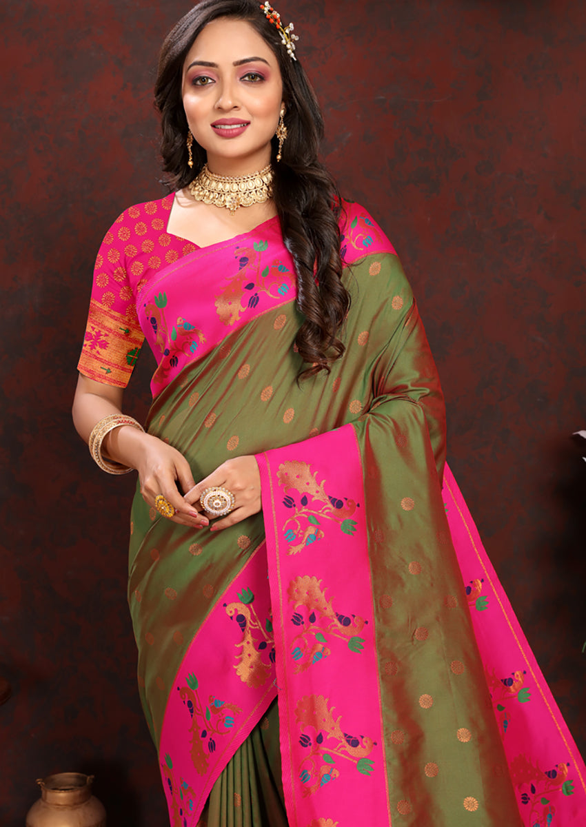 Mahendi Olive Green & Fuchsia Pink Paithani Silk Woven Saree