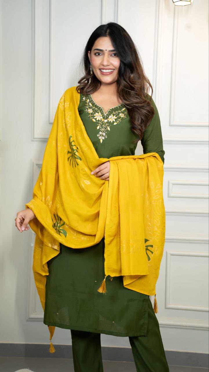 Mahendi Roman Silk Hand Work Kurta Pant Set with Dupatta