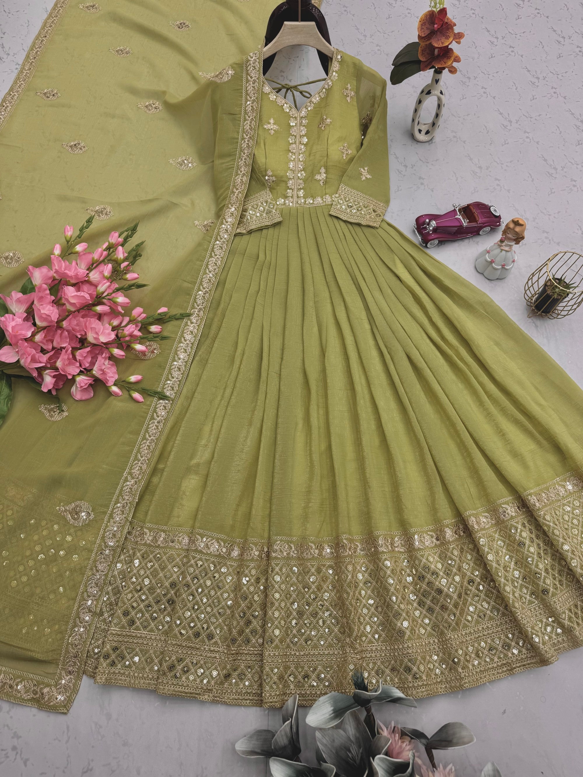 Mehendi Crunchy Silk Anarkali Gown with Embroidery & Sequins
