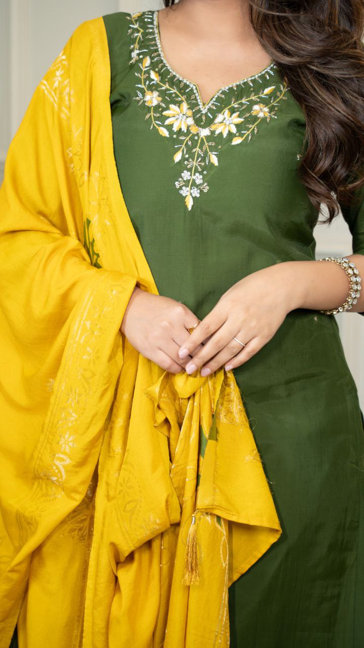 Mahendi Roman Silk Hand Work Kurta Pant Set with Dupatta