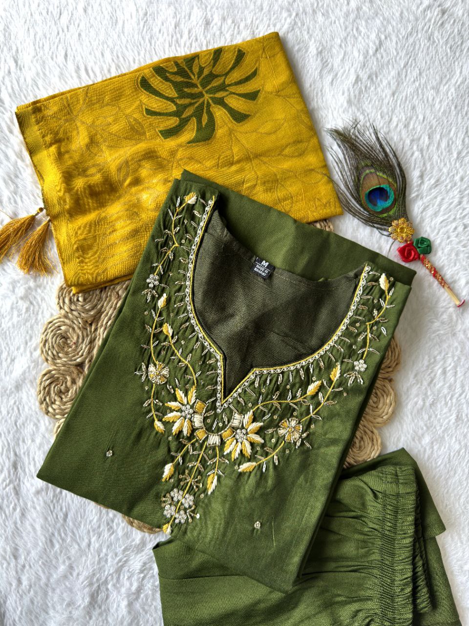 Mahendi Roman Silk Hand Work Kurta Pant Set with Dupatta