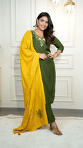 Woman wearing an olive-green Roman silk kurta with hand-work and mustard-yellow dupatta