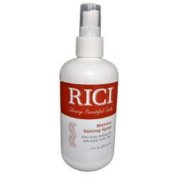 RICI Memory Setting Spray 8oz bottle in minimalist white with red branding for curly hair styling.