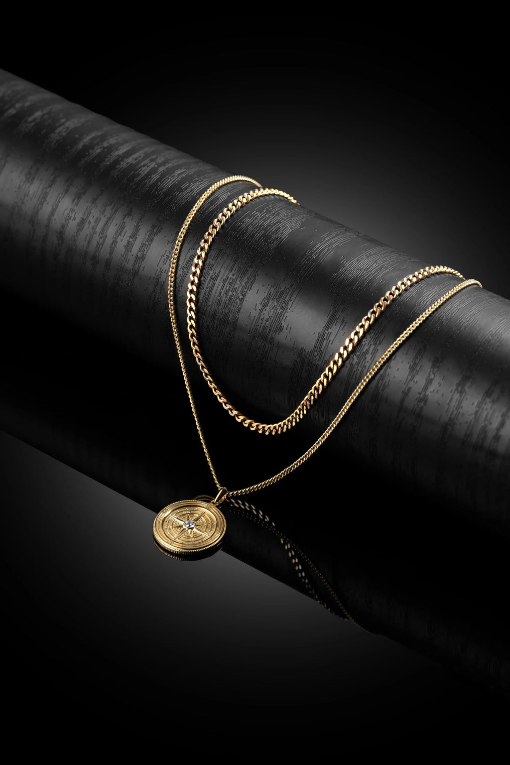 Gold Compass Pendant Necklace with Sapphire Detail