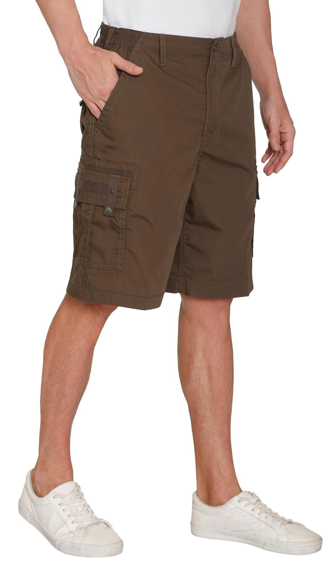 Men's casual cargo shorts in neutral earth tones with elastic waistband and multi-pocket utility design.