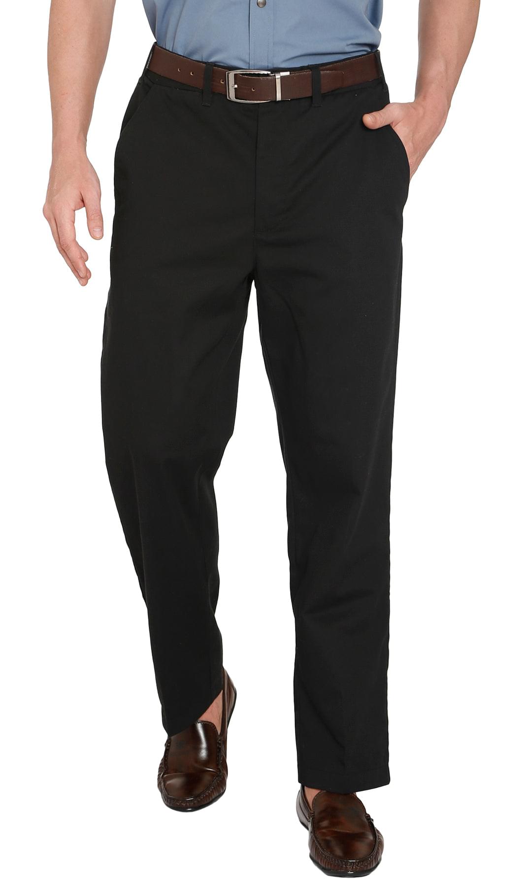 Men wearing classic black flat-front chino pants with a hidden elastic waistband, styled for a casual look.