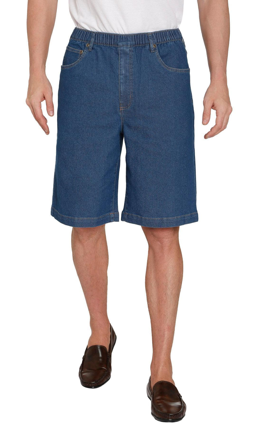 Men's pull-on denim and twill shorts in blue and beige with an elastic waistband.