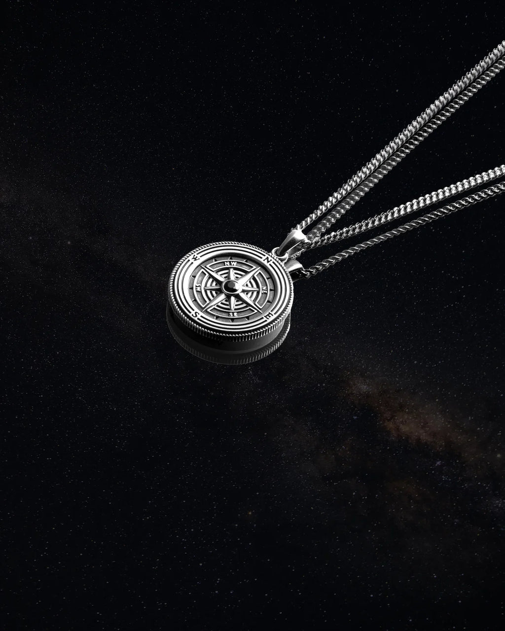 Compass Rose Pendant Necklace with Onyx Stone in Sterling Silver