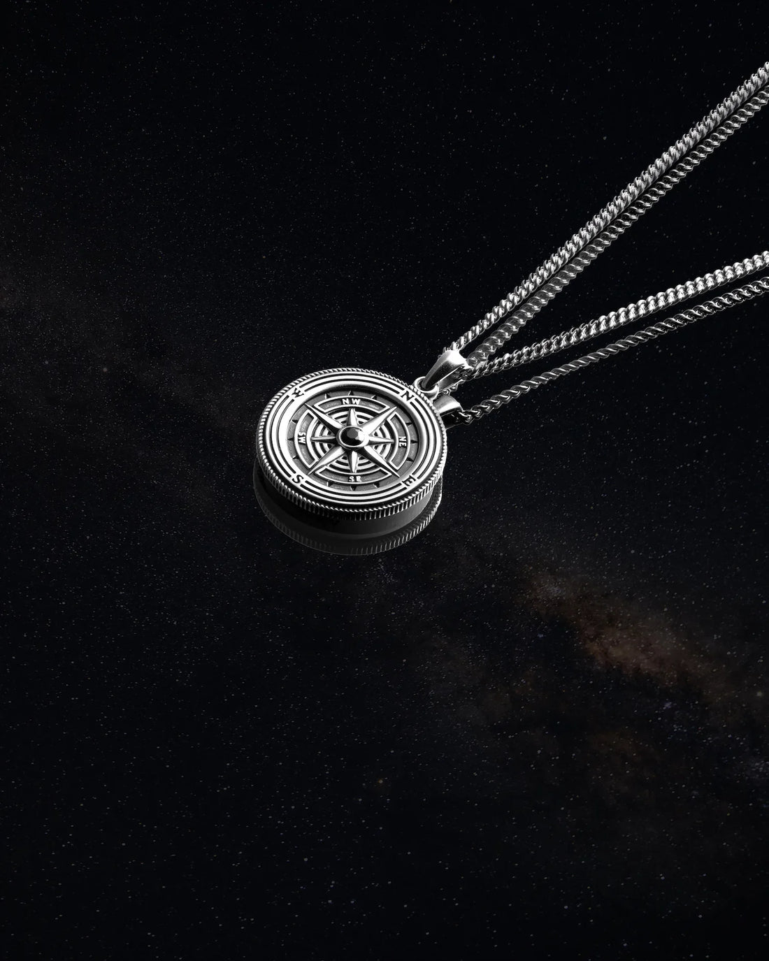 Sterling Silver Compass Pendant Necklace with Onyx Stone