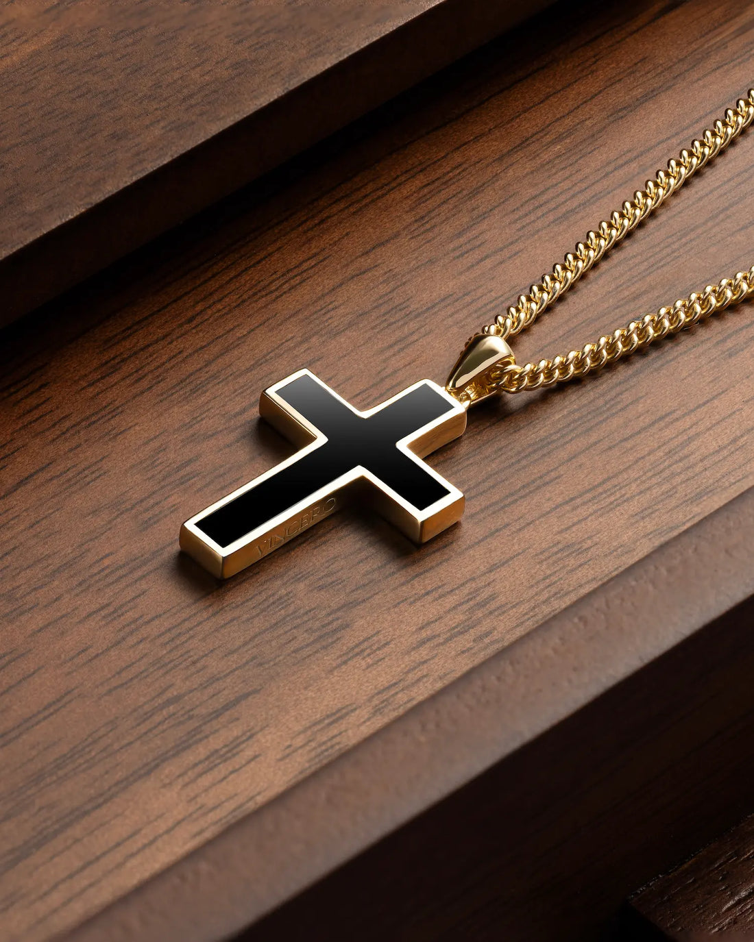 14K Gold Onyx Stone Cross Pendant - Minimalist Stainless Steel