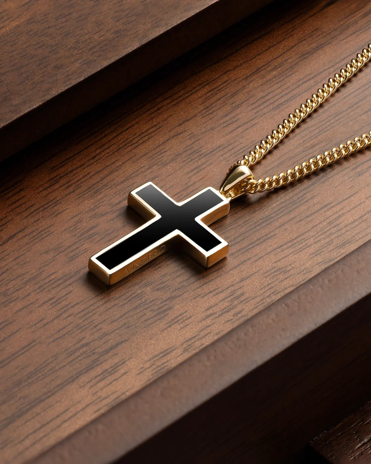 14K Gold Onyx Stone Cross Pendant - Minimalist Stainless Steel