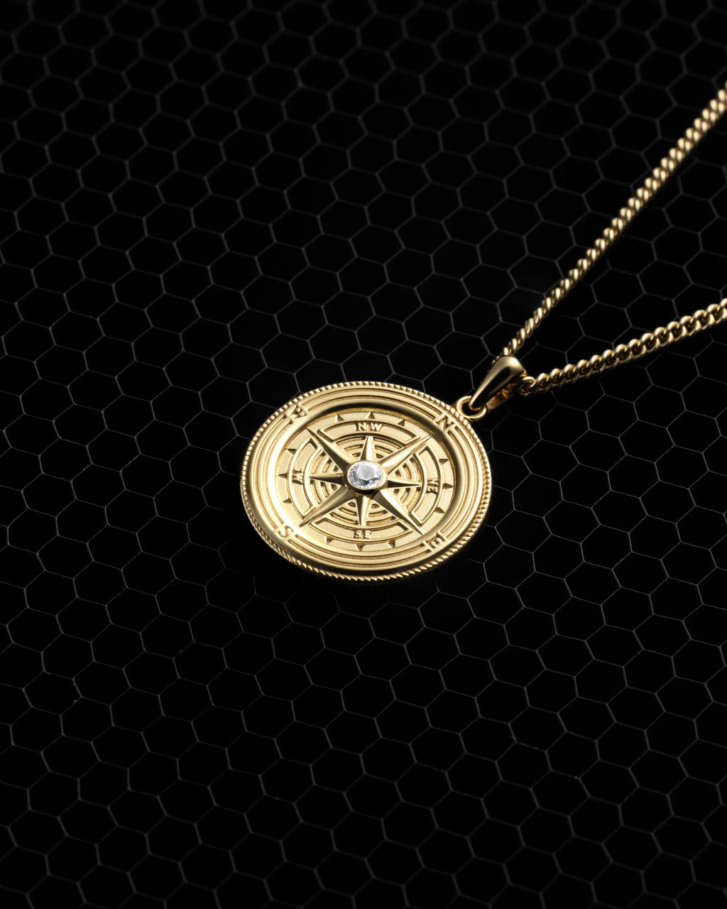 Gold Compass Pendant Necklace with Sapphire Detail