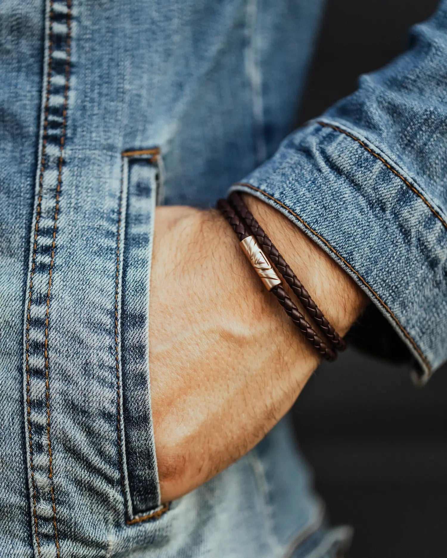 The Delta Double Bracelet in Mocha and Rose Gold Italian Leather