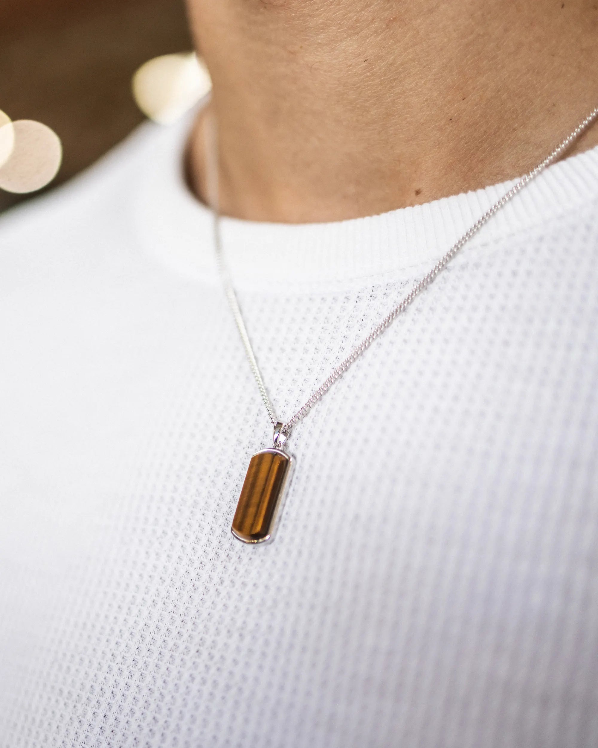 Beveled Tag Pendant Necklace with Tigers Eye Stone in Sterling Silver