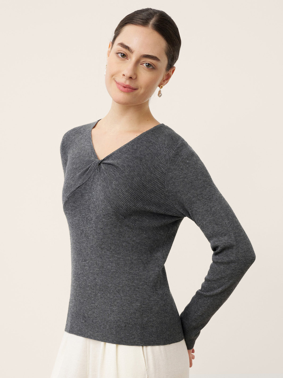 Merino Wool Ruched Panel V-Neck Top RAVEN