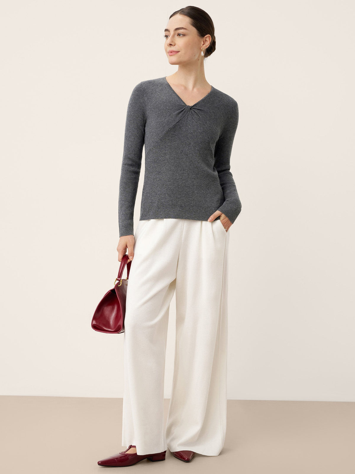 Merino Wool Ruched Panel V-Neck Top RAVEN