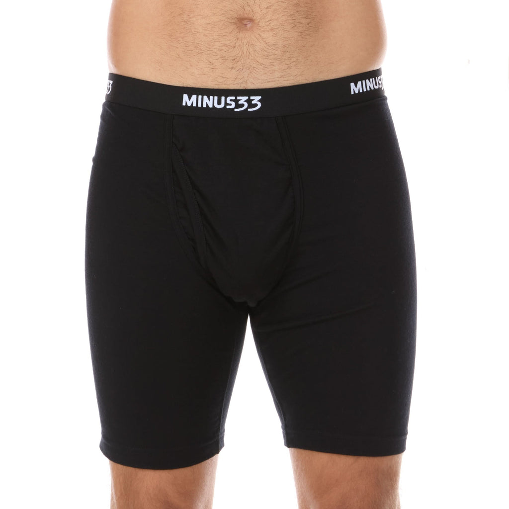 Men's Microweight Merino Wool Pouch Boxer Briefs in solid black, featuring a supportive pouch and athletic fitted design.