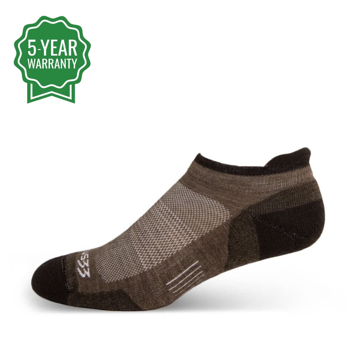 Unisex no-show athletic wool socks in brown, black, and beige with cushioning and Achilles tab