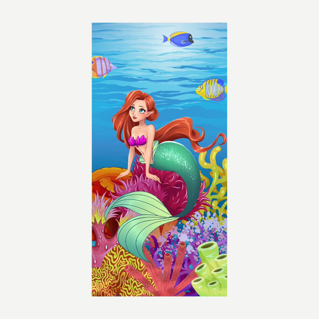 A soft microfiber beach towel featuring a colorful mermaid illustration swimming over a vibrant coral reef.