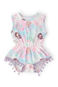 Baby girl romper featuring a colorful mermaid and underwater fairytale print with lavender pom pom trim on legs.