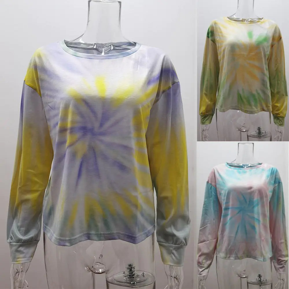 Women's Yellow and Green Tie Dye Long Sleeve Round Neck Top - Image 15