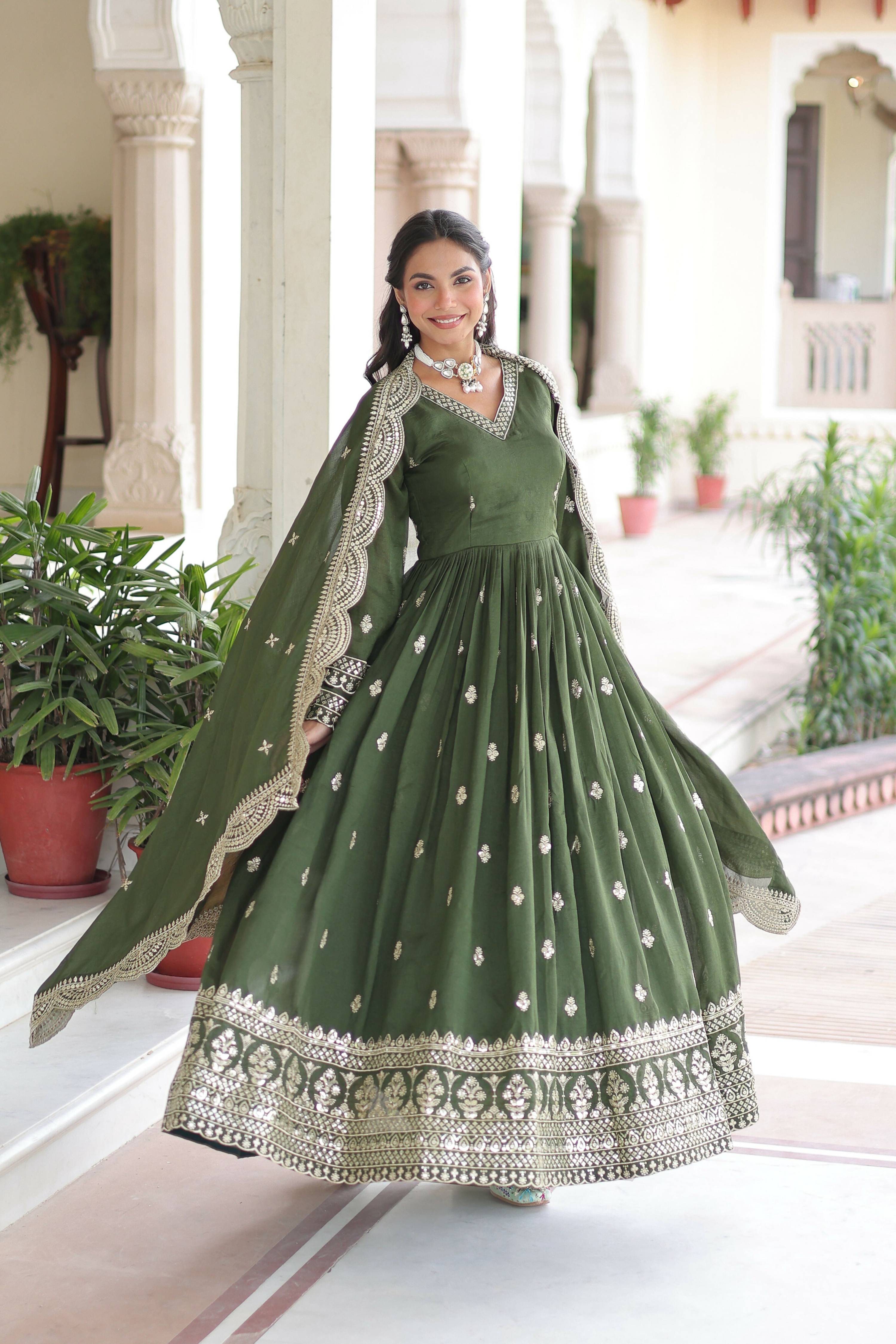 Joban Fashion Green Readymade Kurta Set With Sequence embroidery Work