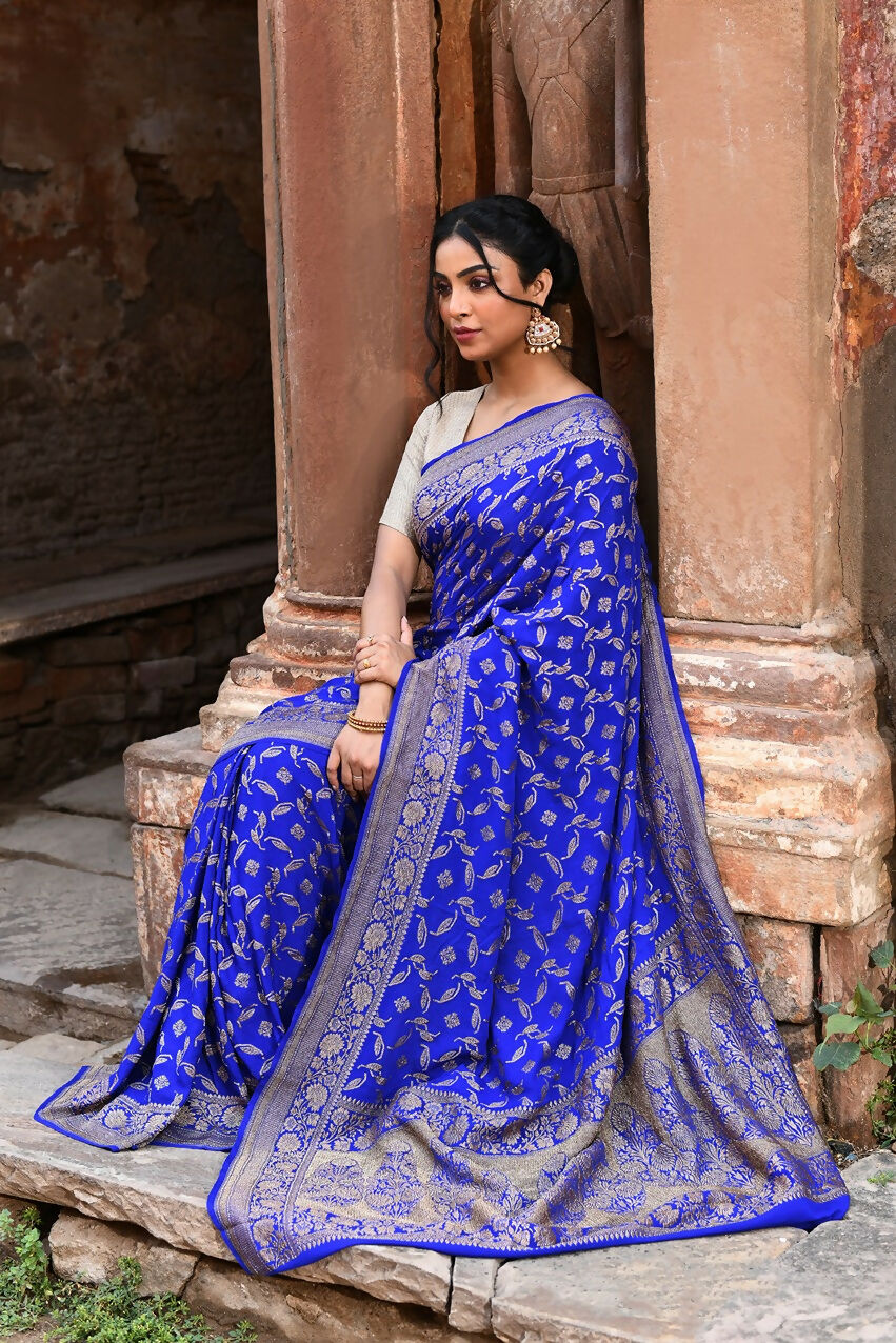 Violet Crepe Chiffon Handloom Banarasi Silk Saree with Gold Zari