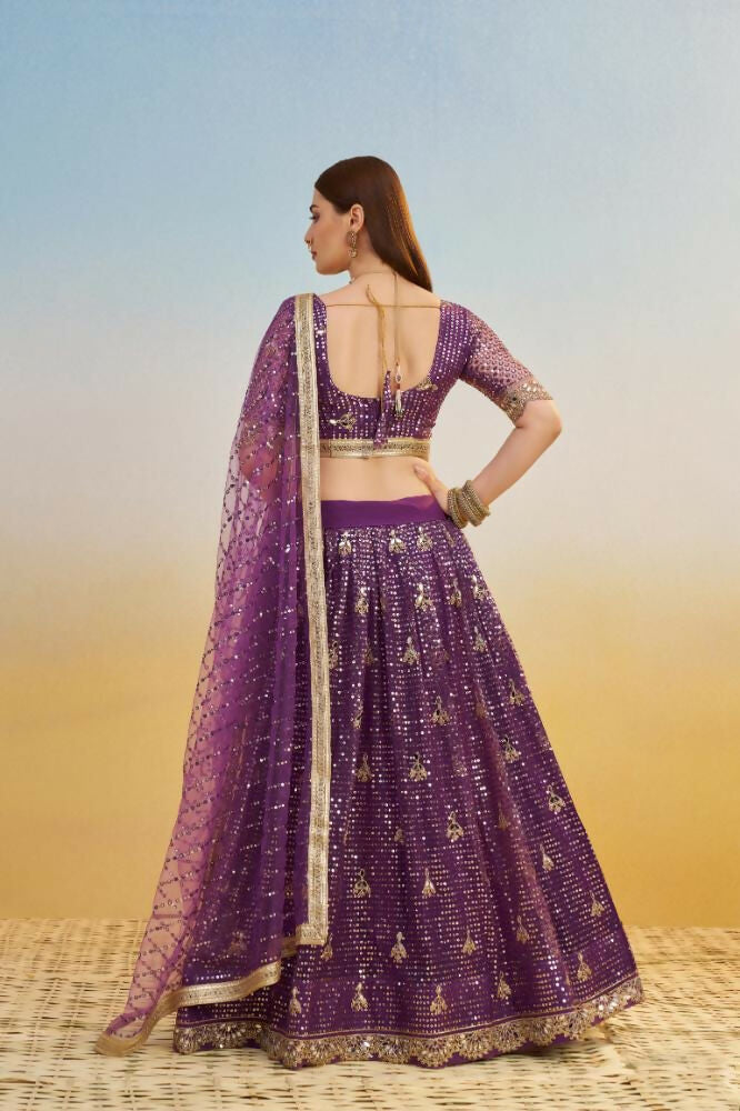 Dark Purple Butterfly Net Lehenga with Mirror & Sequence Embroidery