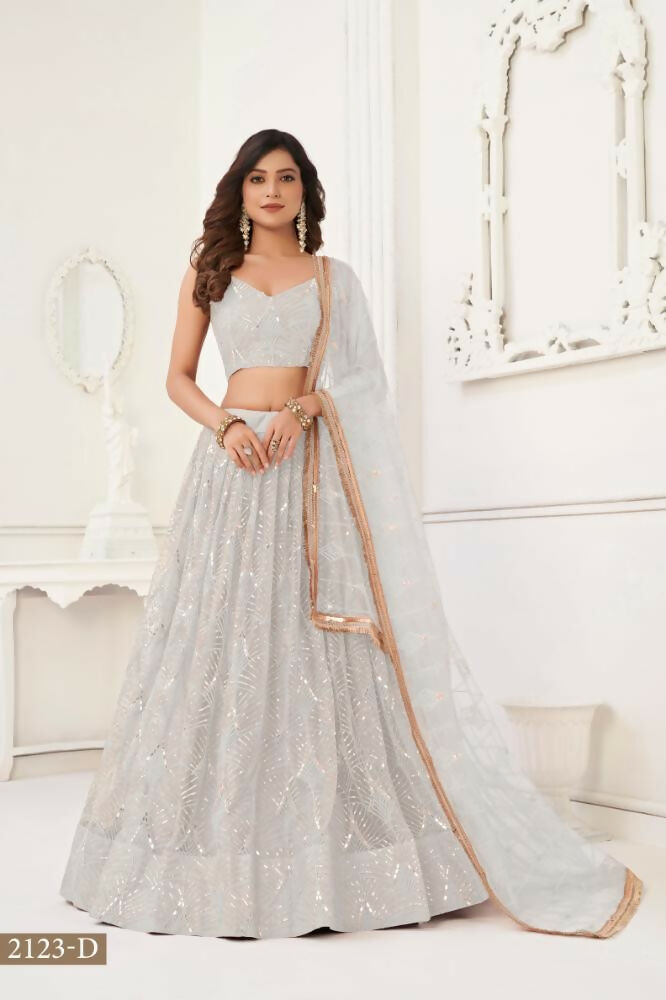 Off White Butterfly Net Lehenga Choli with intricate thread and mirror embroidery for wedding wear.