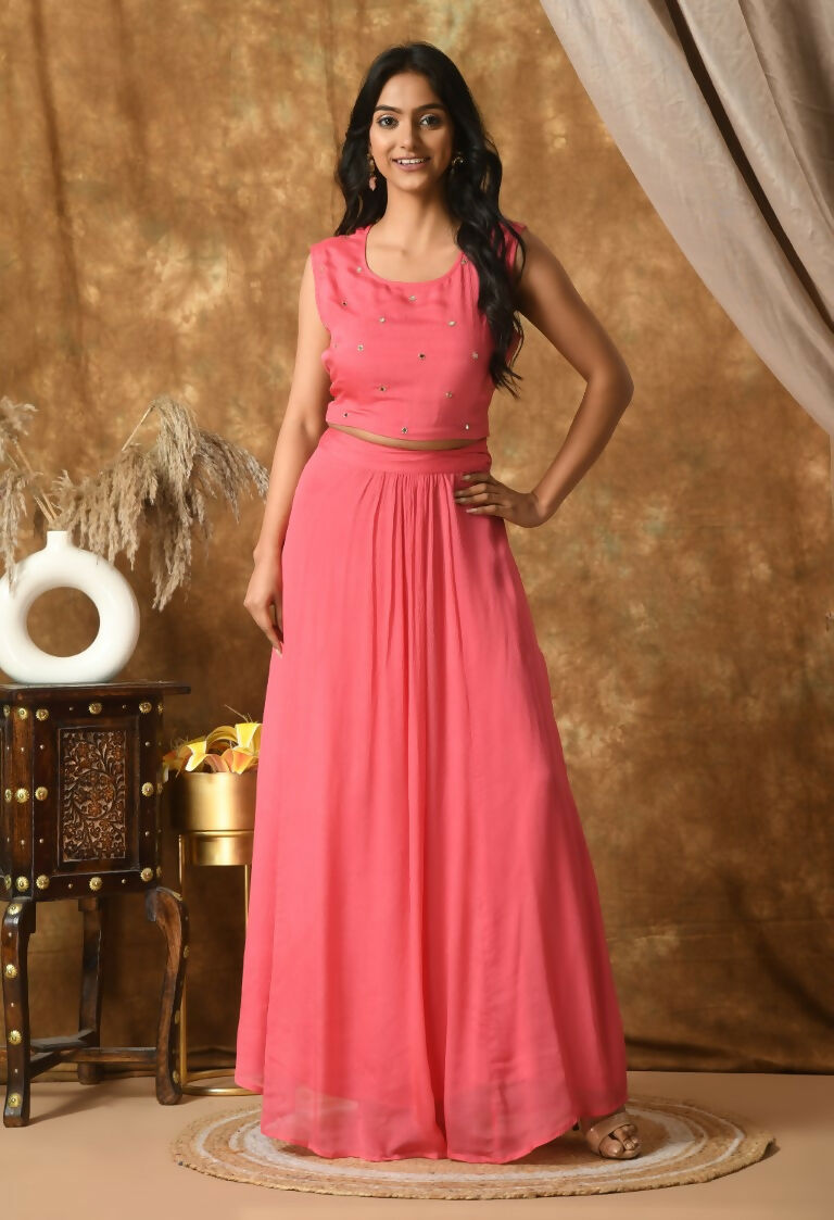 Pink Maslin Kurta Set with Chinnon Bottom and Organza Dupatta