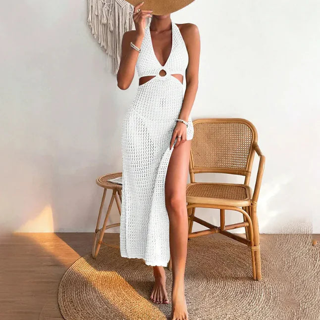 Women's Crochet Halter Maxi Beach Cover Up Dress with Side Slit - Image 10